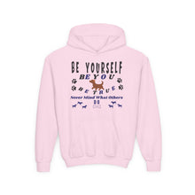 Load image into Gallery viewer, 'Be Yourself, Be True' Gildan Heavy Blend Youth Motivational Hooded Sweatshirt