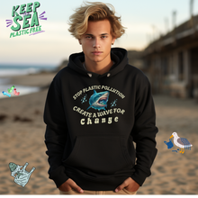 Load image into Gallery viewer, Stop Plastic Pollution Shark Hoodie — "Create a Wave for Change" Environmental Gildan 18500 Sweatshirt