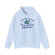 Load image into Gallery viewer, Stop Plastic Pollution Shark Hoodie — "Create a Wave for Change" Environmental Gildan 18500 Sweatshirt
