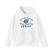 Load image into Gallery viewer, Stop Plastic Pollution Shark Hoodie — "Create a Wave for Change" Environmental Gildan 18500 Sweatshirt
