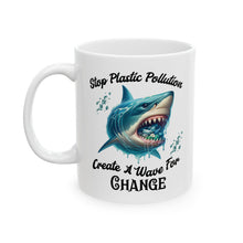 Load image into Gallery viewer, STOP PLASTIC POLLUTION   Eco Friendly elegant white ceramic mug (11oz, 15oz)
