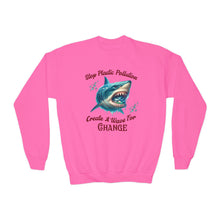 Load image into Gallery viewer, STOP PLASTIC POLLUTION - CREATE A WAVE FOR CHANGE        Eco Friendly  Gildan Youth Crewneck Sweat Shirt

