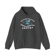 Load image into Gallery viewer, Stop Plastic Pollution Shark Hoodie — "Create a Wave for Change" Environmental Gildan 18500 Sweatshirt
