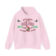 Load image into Gallery viewer, FOSSIL FOOLS Gildan - Unisex Heavy Blend™ Hooded Sweatshirt in pink with a playful eco-friendly message.
