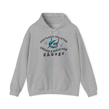 Load image into Gallery viewer, Stop Plastic Pollution Shark Hoodie — "Create a Wave for Change" Environmental Gildan 18500 Sweatshirt
