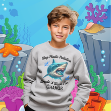 Load image into Gallery viewer, STOP PLASTIC POLLUTION - CREATE A WAVE FOR CHANGE        Eco Friendly  Gildan Youth Crewneck Sweat Shirt
